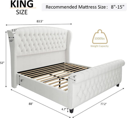 King Size Platform Bed Frame, Chenille Upholstered Sleigh Bed with Scroll Wingback Headboard & Footboard/Button Tufted/No Box Spring Required/Cream by ShipItFurniture