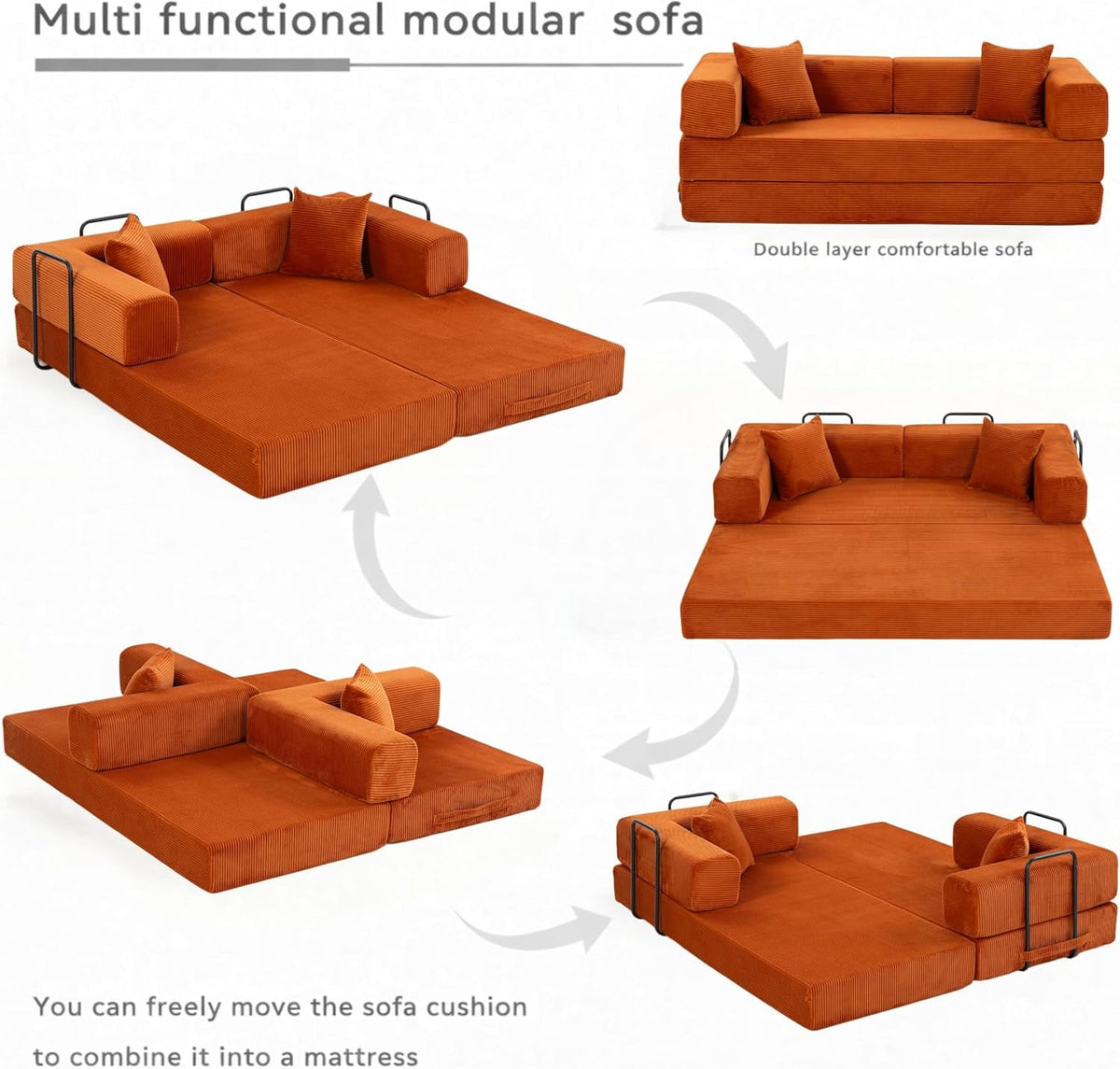 76 Inch Corduroy Premium Futon Sofa Bed For Small Spaces Orange by ShipItFurniture