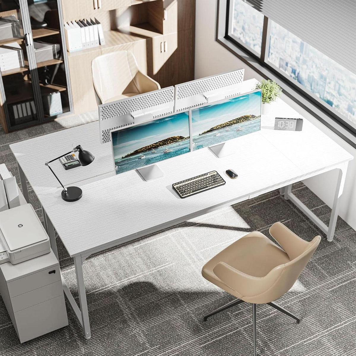 80 Inch White Computer Desk With Storage Metal Frame by ShipItFurniture