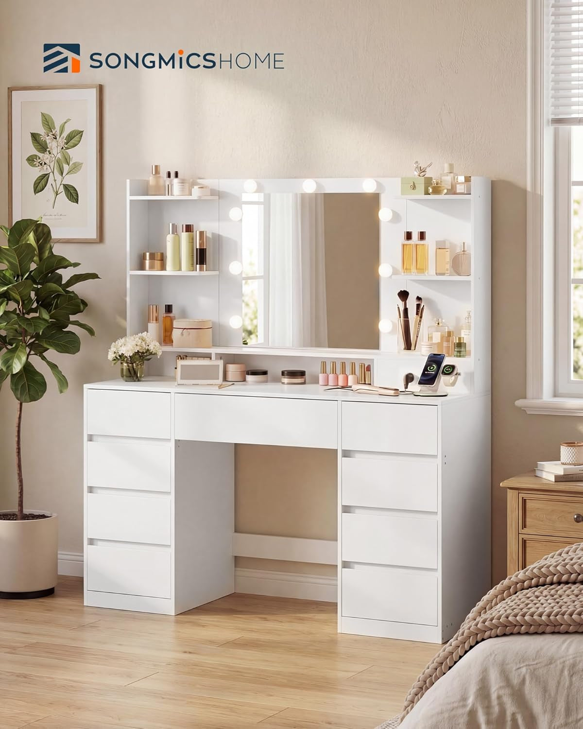White Makeup Vanity Desk With Integrated LED Mirror by ShipItFurniture