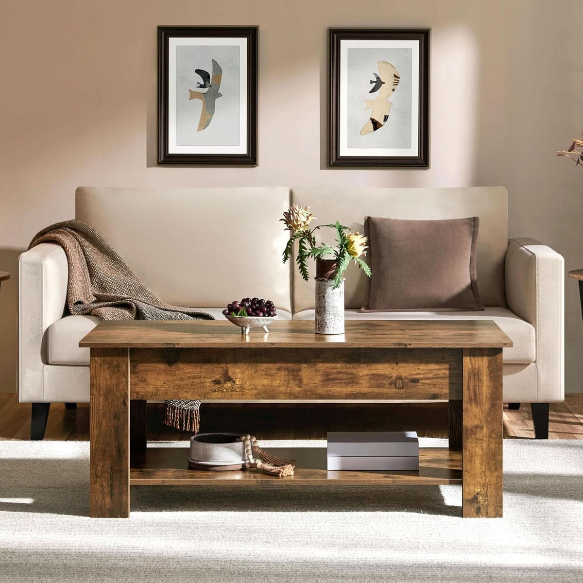 Coffee Table 47.5 Inch Lift Top With Hidden Compartment Rustic Brown by ShipItFurniture