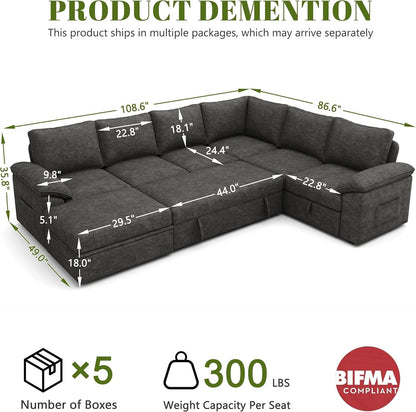 108 Inch Modular Sectional Sleeper Sofa CharcoalGrey by ShipItFurniture