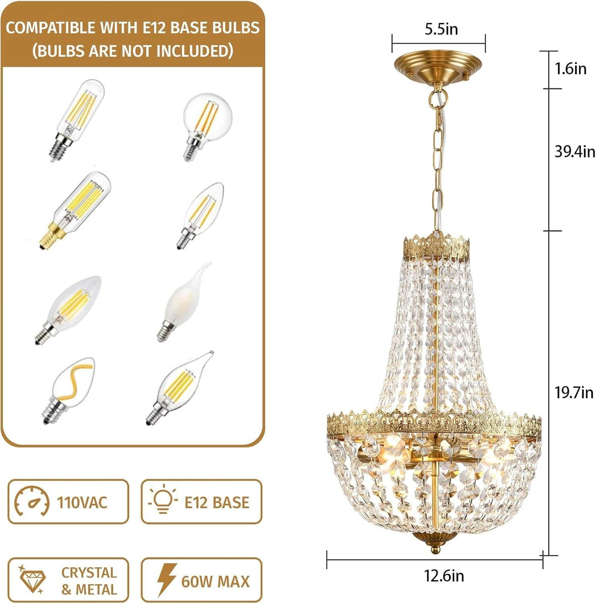 Antique Brass Crystal Chandelier Four Light Pendant by ShipItFurniture