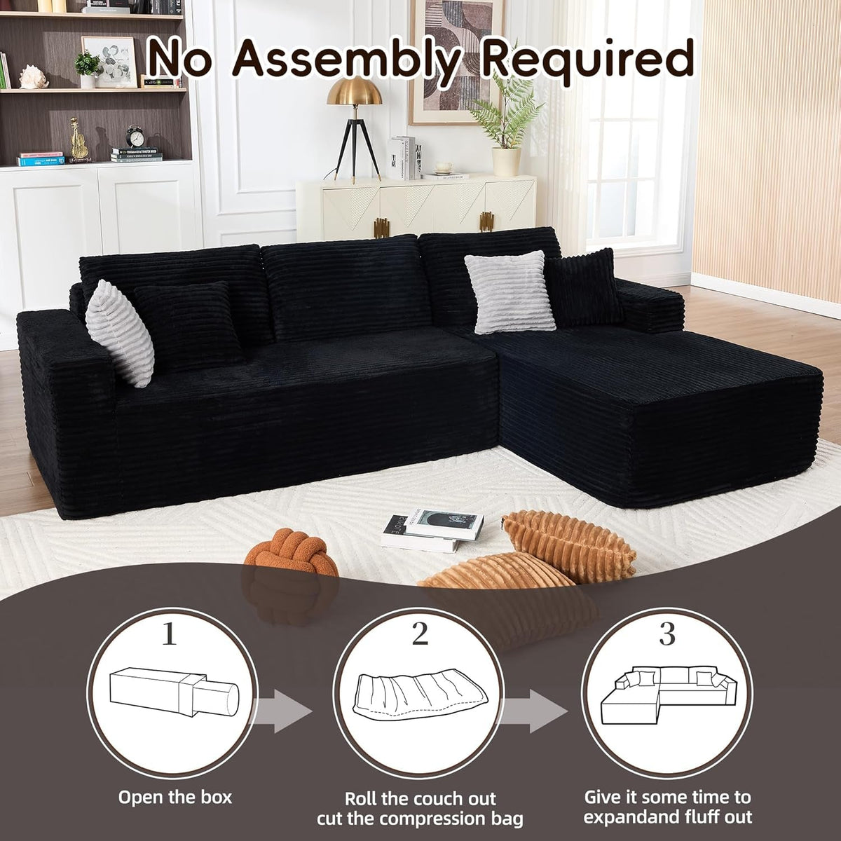 108 Inches Left Facing High End Sectional Sofa Black by ShipItFurniture