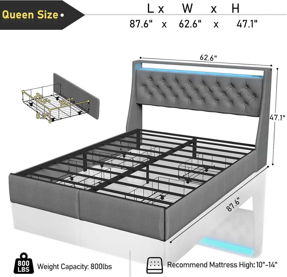 Queen Bed Frame With Storage Headboard LED Lighting by ShipItFurniture