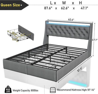 Queen Bed Frame With Storage Headboard LED Lighting by ShipItFurniture