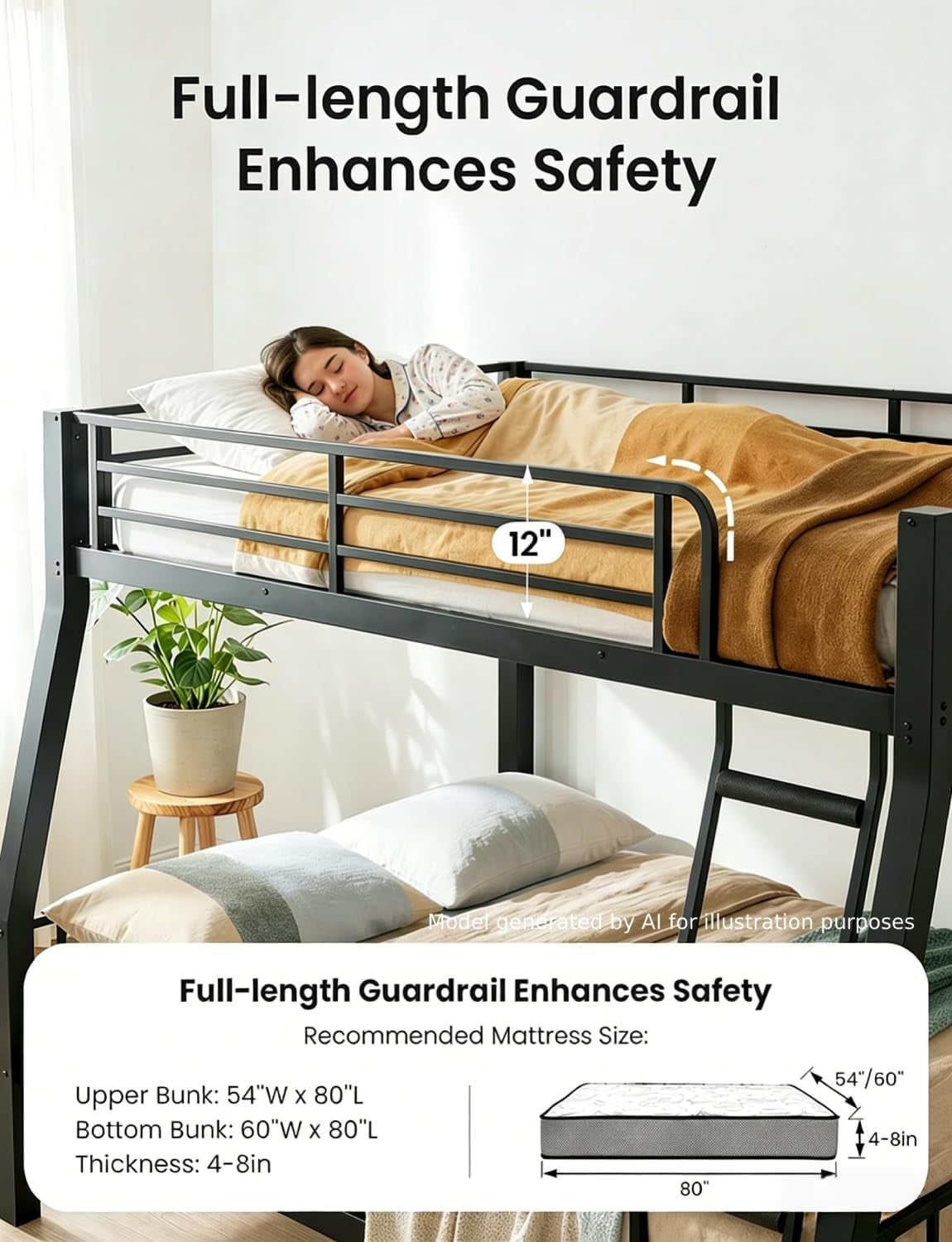 Full XL Over Queen Bunk Bed Black Heavy Duty Steel Frame by ShipItFurniture