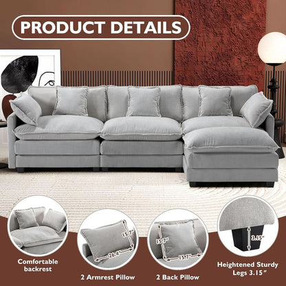 111 Inch L Shaped Modern Glam Sofa Sectional With Ottoman Cloud Foam Cushions Grey Chenille by ShipItFurniture