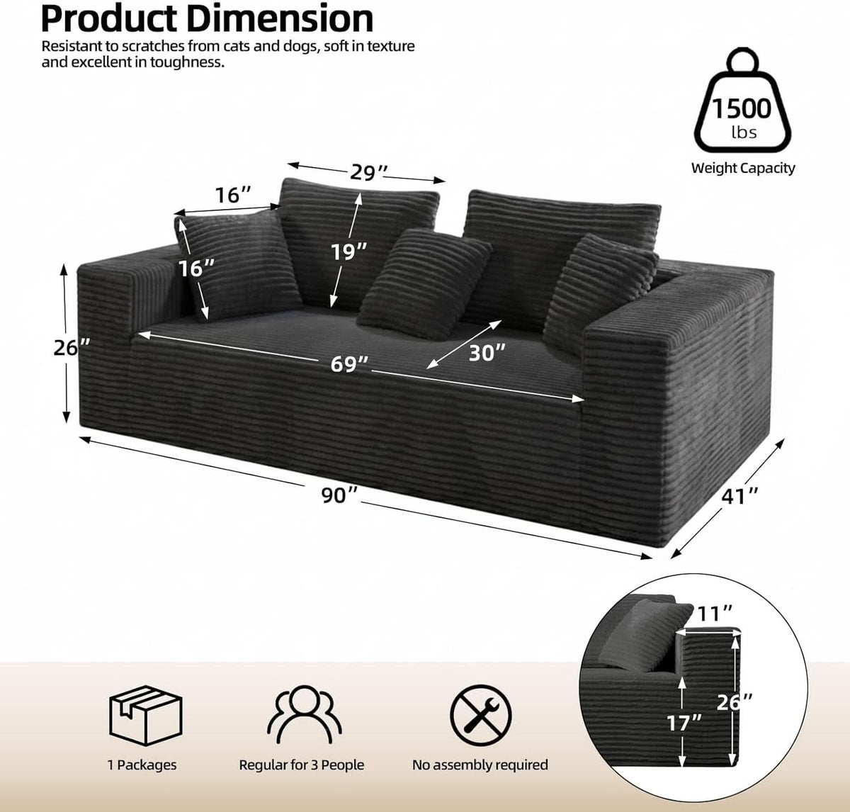 3-Seater Corduroy Sleeper Sofa No Assembly Lounge by ShipItFurniture