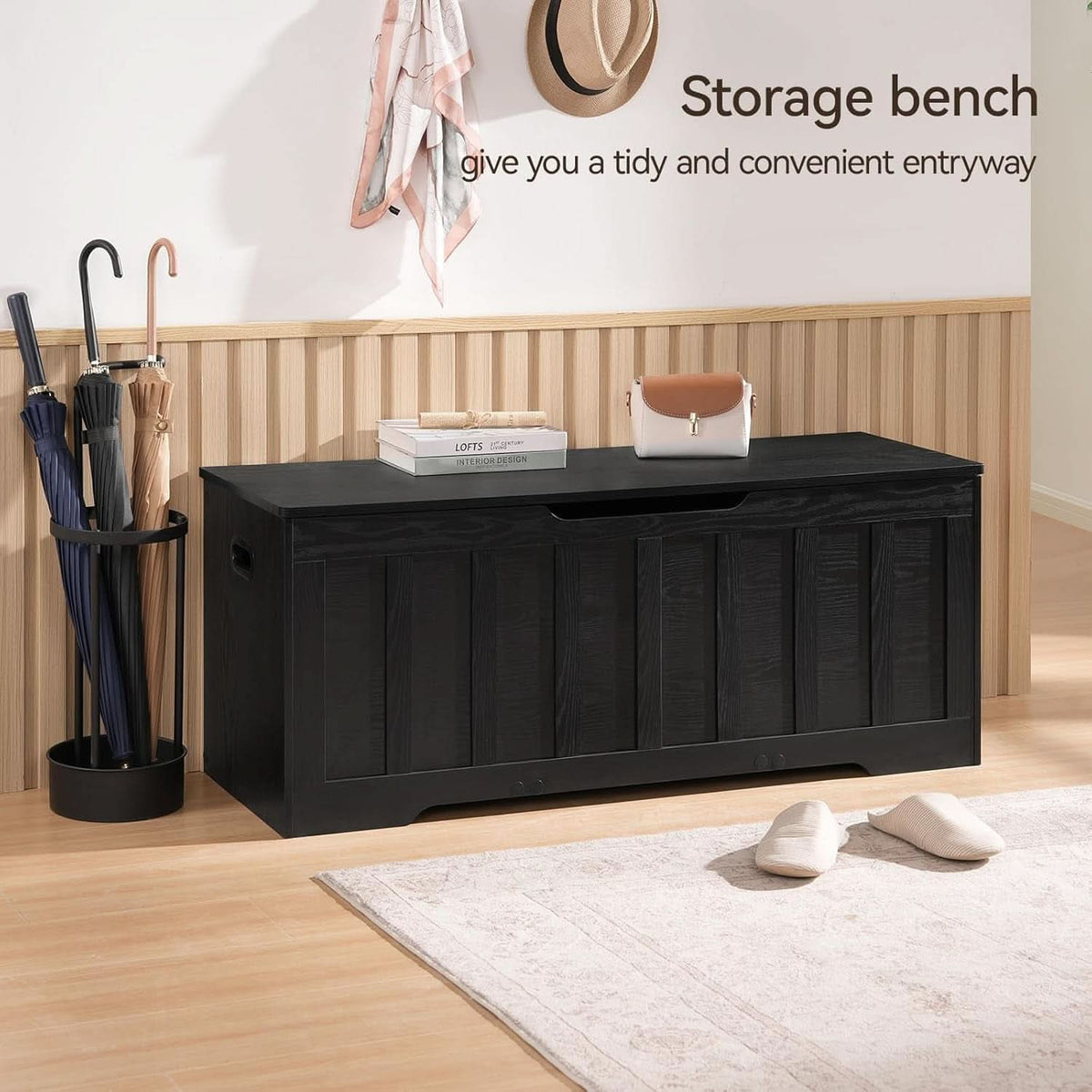 Black 47.2 Inches SolidWood Oversized Storage Bench by ShipItFurniture