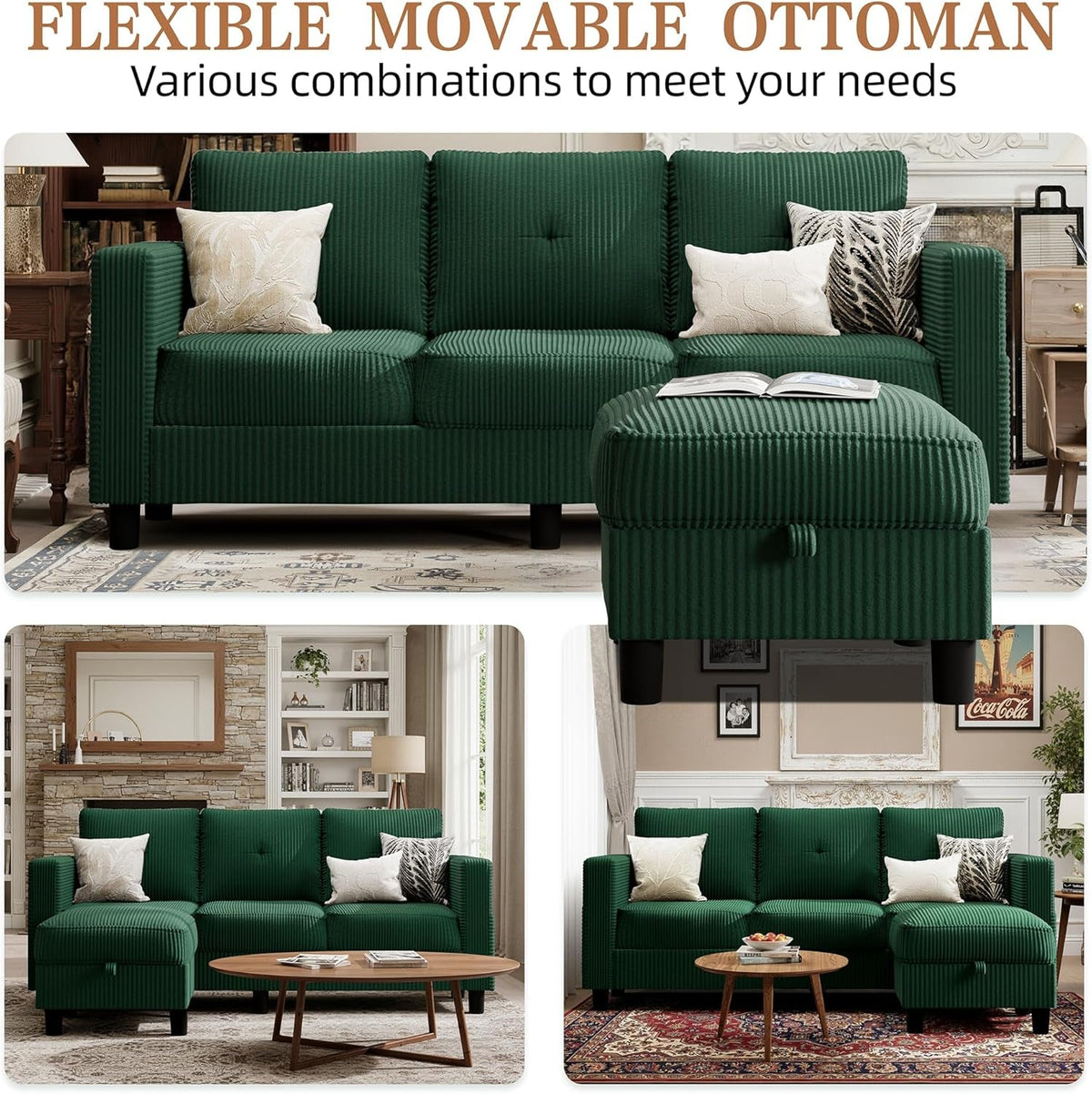 Green 76 Inches Upholstered Sectional Sofa Storage by ShipItFurniture