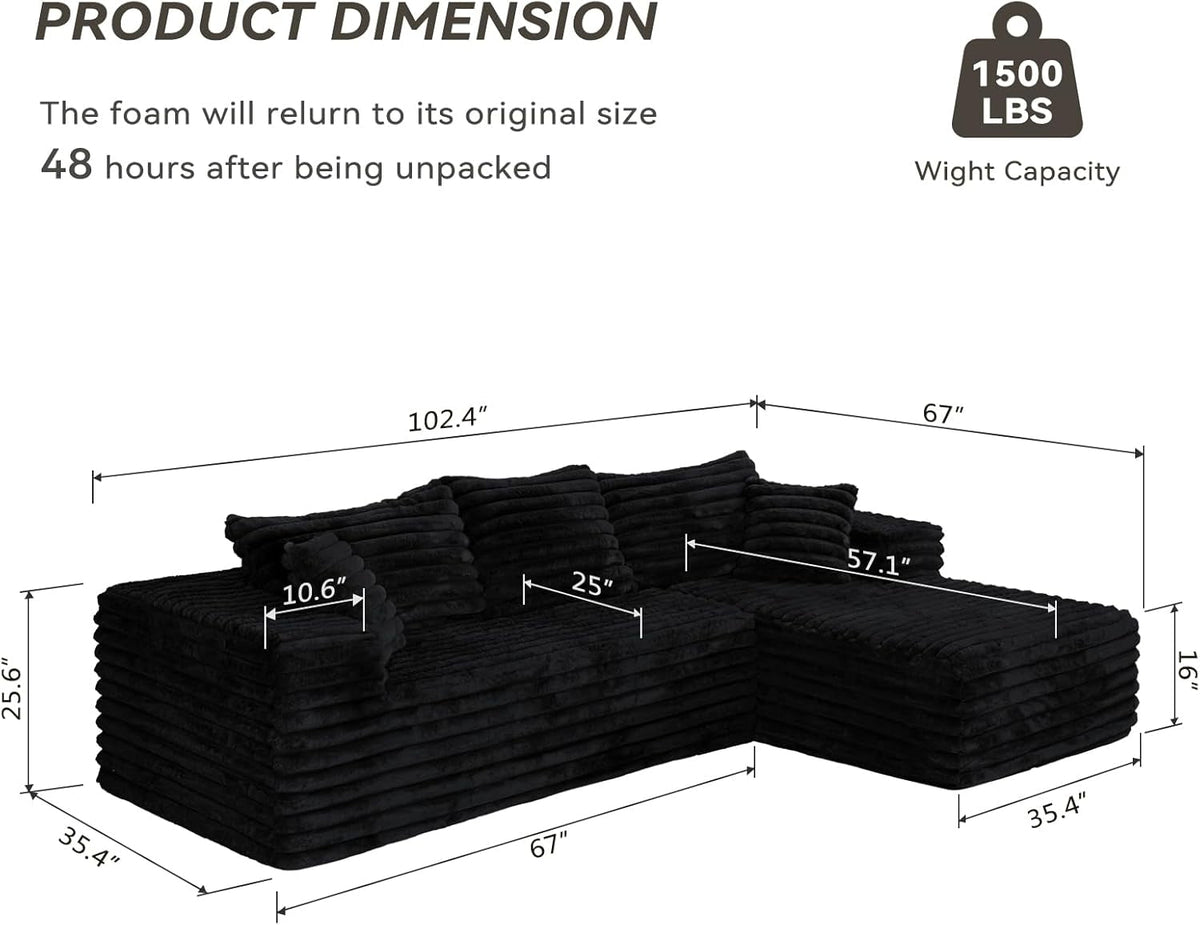 103Inch L Shaped Modular Sectional Sofa Ebony Velvet by ShipItFurniture