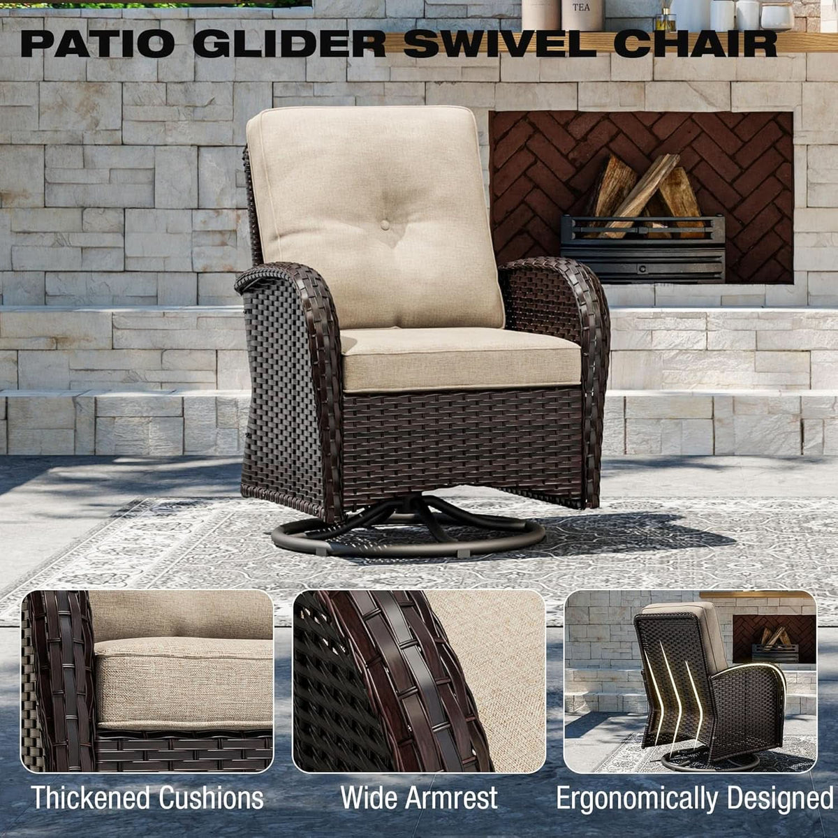 Outdoor Swivel Rocker Chairs 3 Piece Wicker Set Cushioned by ShipItFurniture