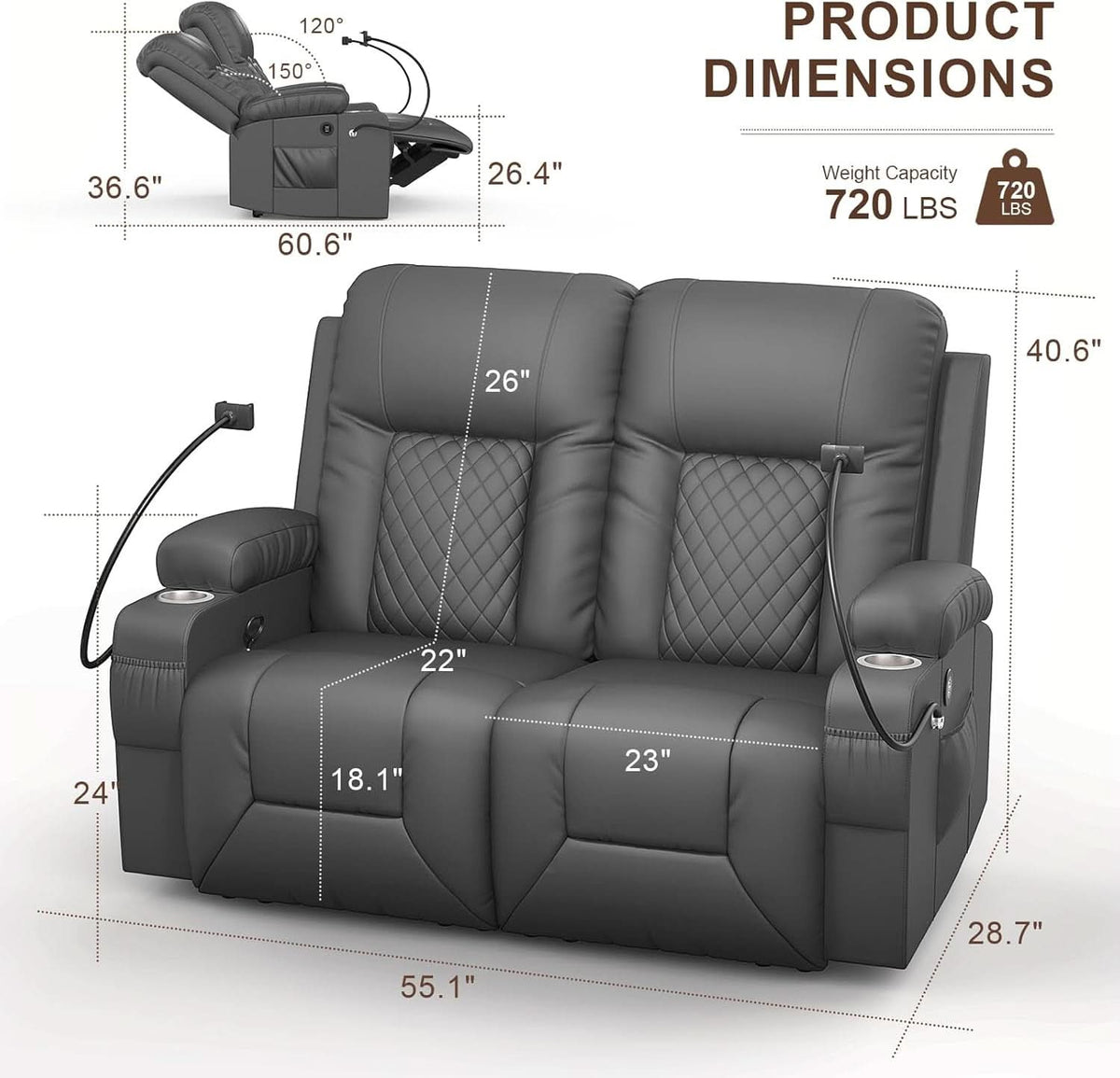 Gray PU Leather Two Seater Recliner Loveseat With USB Ports by ShipItFurniture