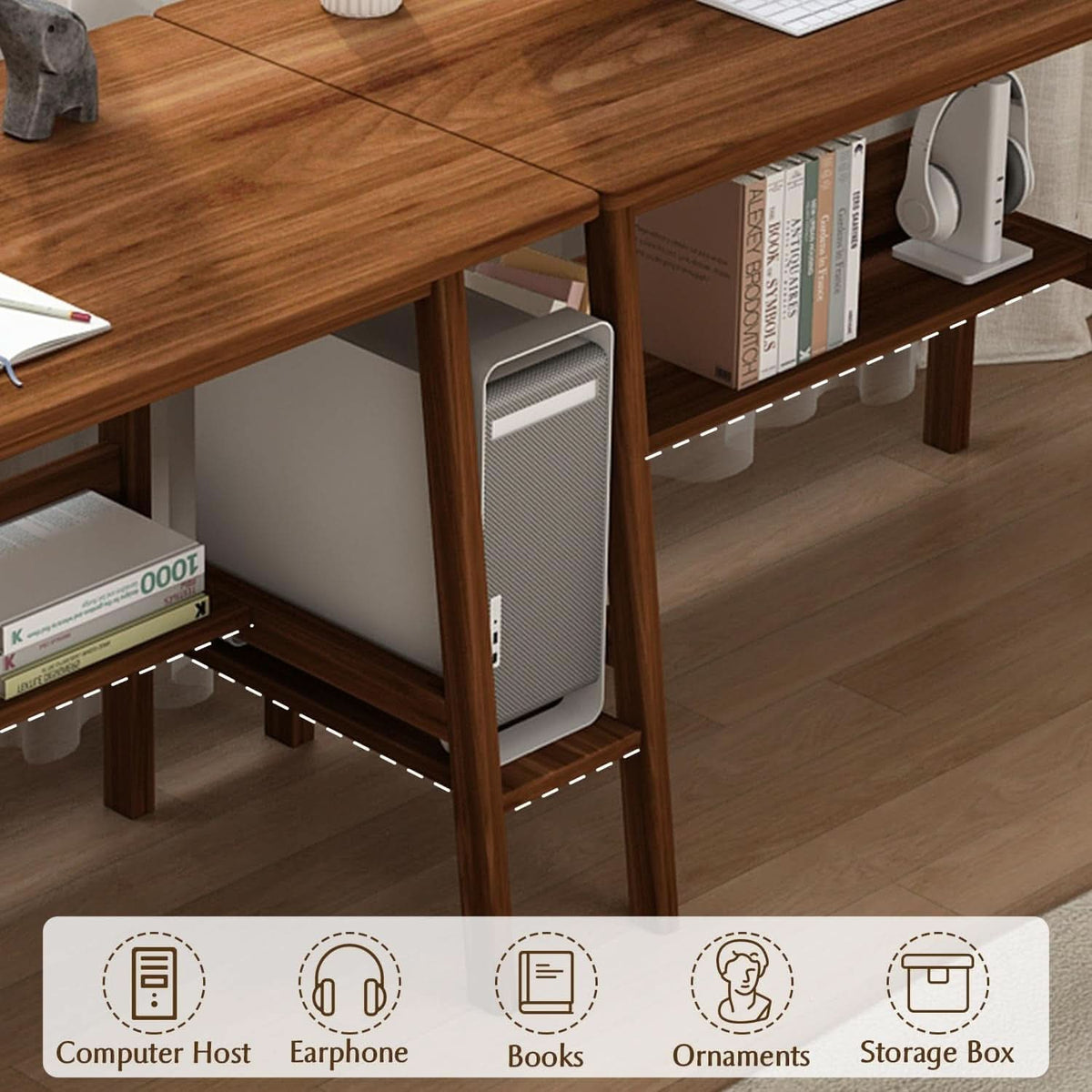 Two Person Desk Walnut 79 Inch Extended Workstation Shelves by ShipItFurniture