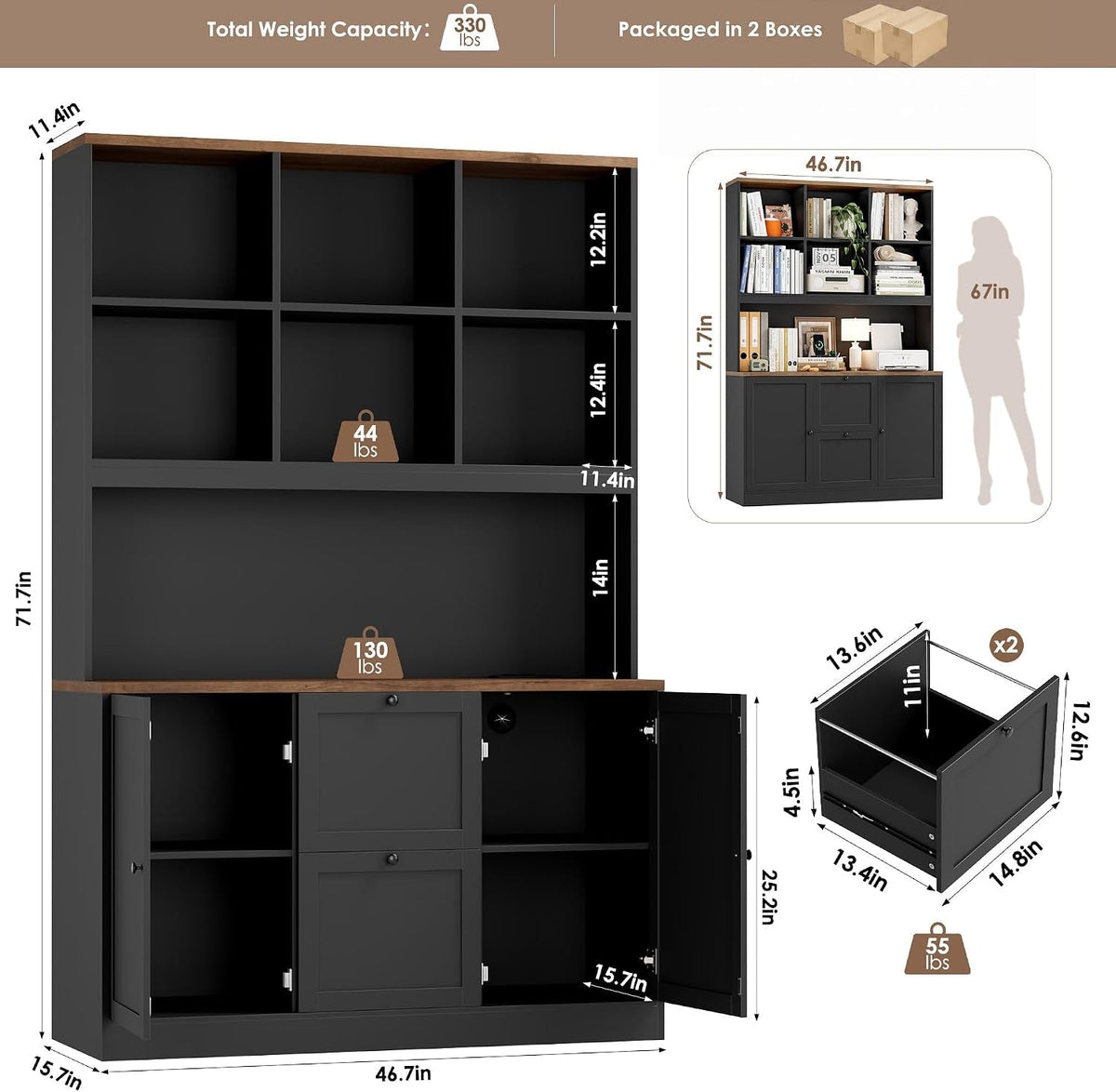 Seventy Two Inch Tall Black Bookcase With Power Out let System by ShipItFurniture