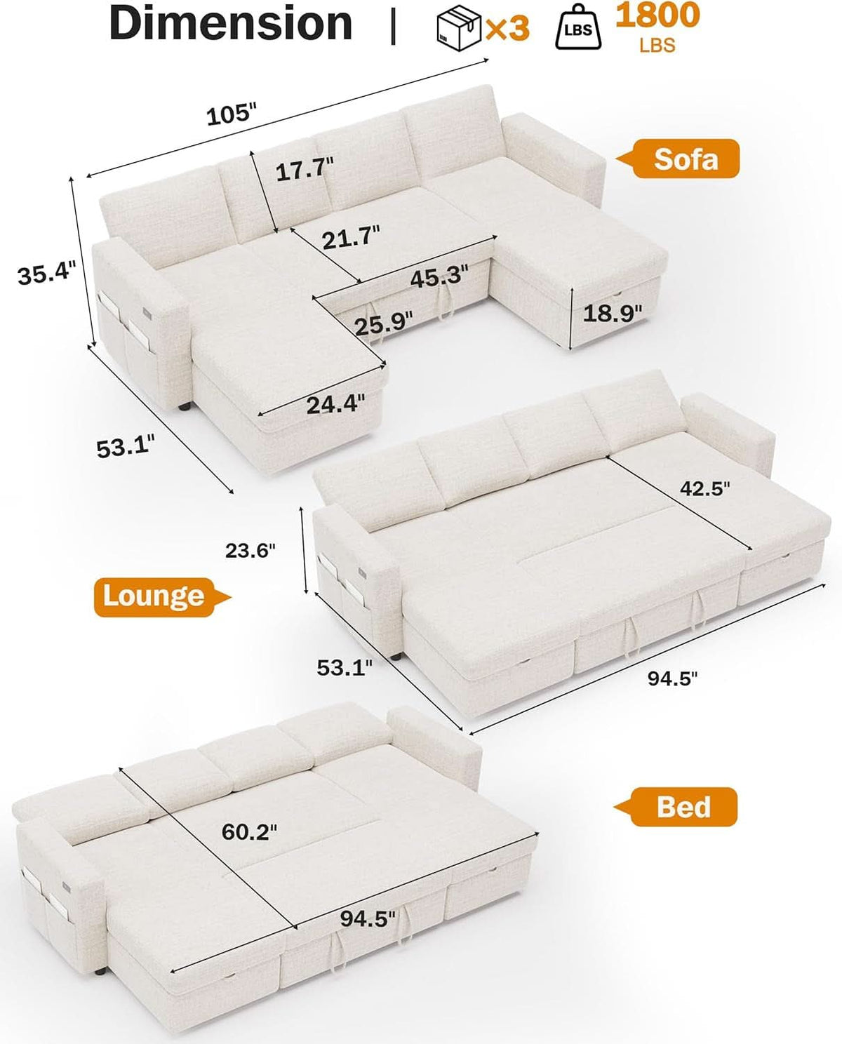105Inch UShaped SectionalSofa With Pullout Bed Beige by ShipItFurniture