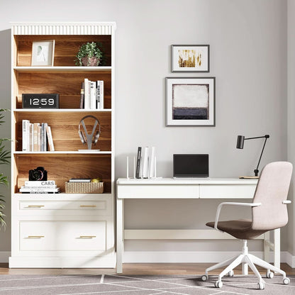 White Freestanding 72 Inch Bookcase With File Cabinet by ShipItFurniture