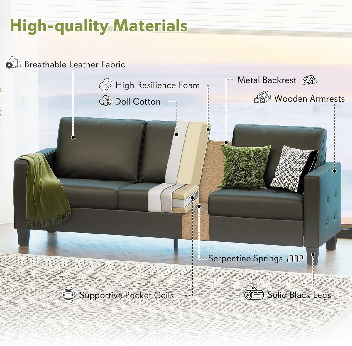 Black Seventy ThreeInch Three Seater Sofa For Living Room by ShipItFurniture