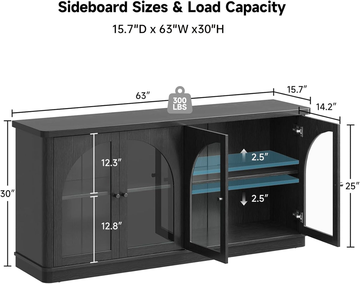 63Inch Black Sideboard Buffet Cabinet Glass Doors Modern by ShipItFurniture