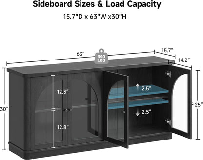 63Inch Black Sideboard Buffet Cabinet Glass Doors Modern by ShipItFurniture