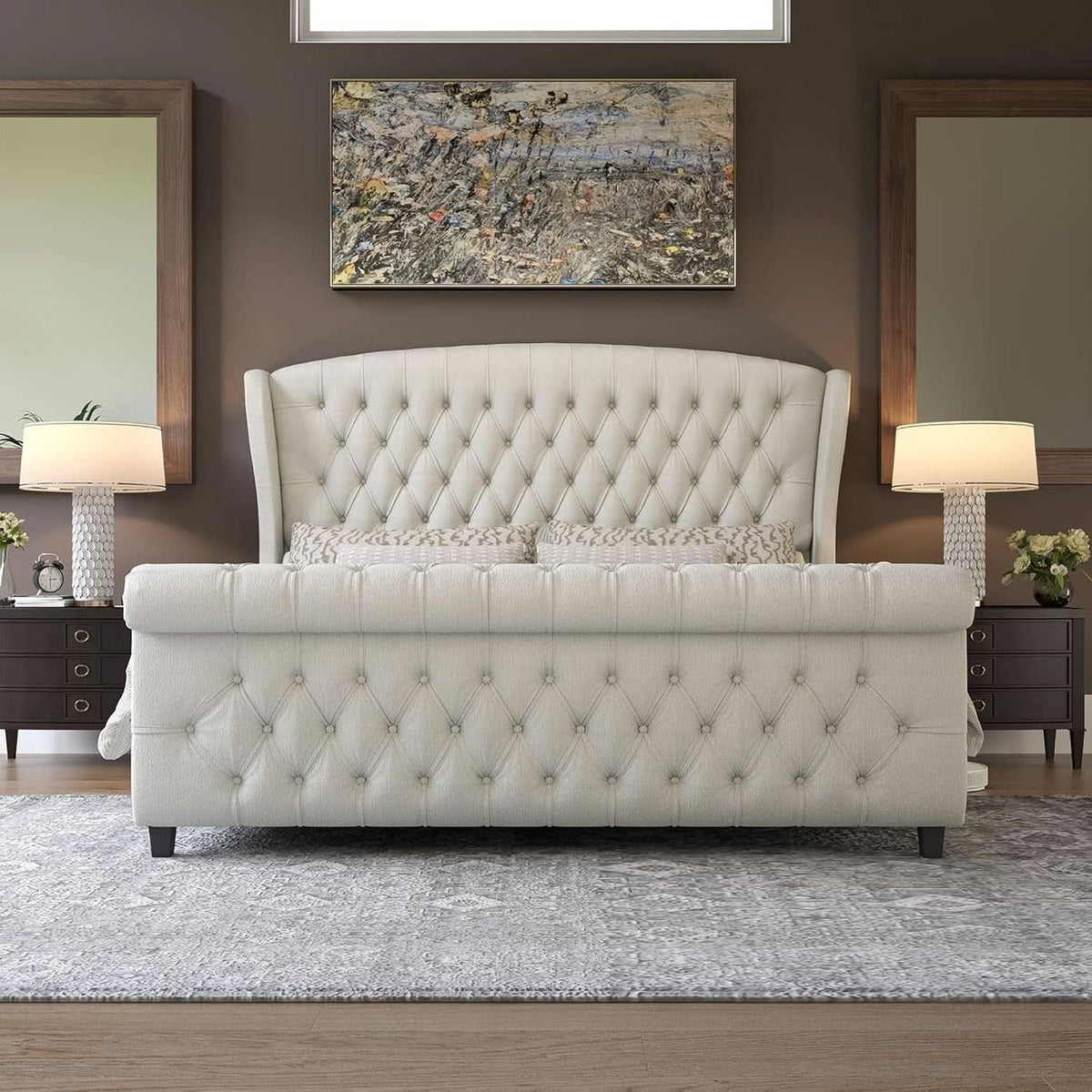 King Size Platform Bed Frame, Chenille Upholstered Sleigh Bed with Scroll Wingback Headboard & Footboard/Button Tufted/No Box Spring Required/Cream by ShipItFurniture