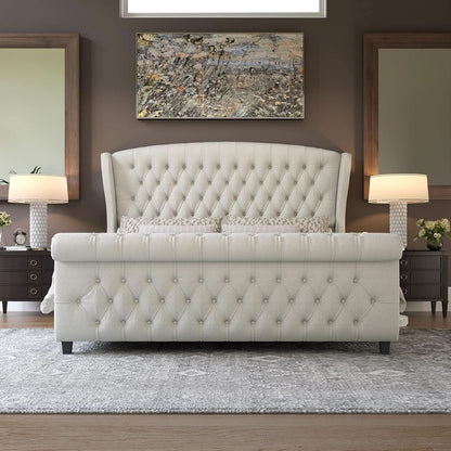 King Size Platform Bed Frame, Chenille Upholstered Sleigh Bed with Scroll Wingback Headboard & Footboard/Button Tufted/No Box Spring Required/Cream by ShipItFurniture