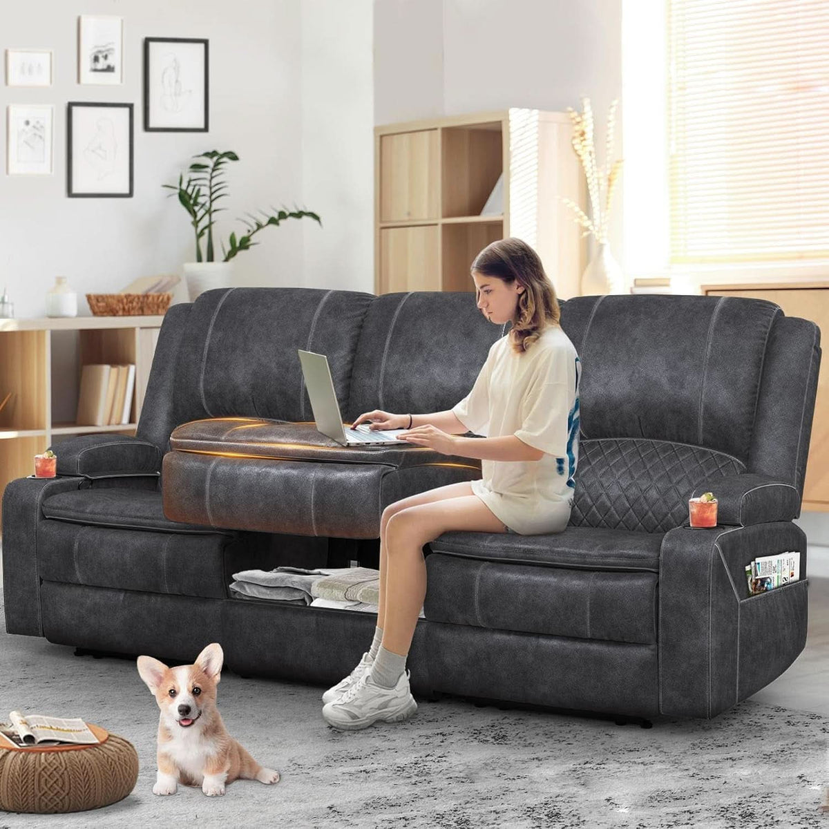 Grey Three Seater Manual Recliner Sofa Modern Living Room by ShipItFurniture