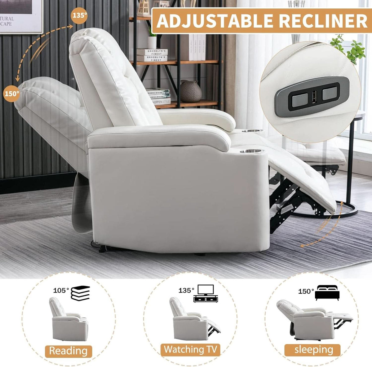 Cream White Power Recliner Chair With USB Ports And Hidden Storage by ShipItFurniture