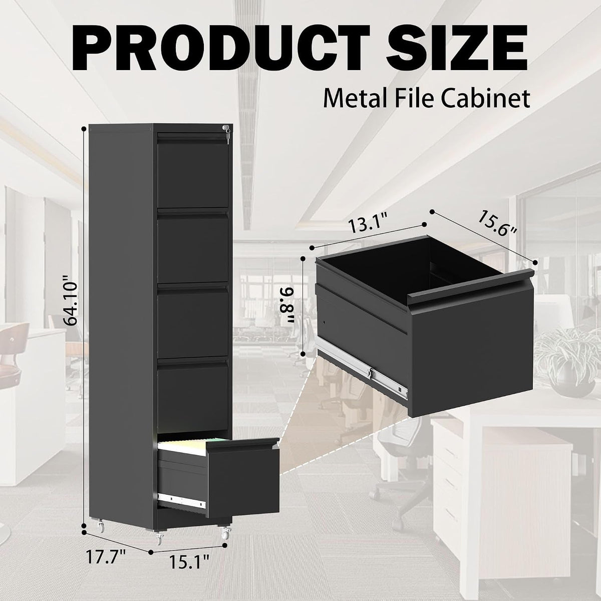 Black 5-Drawer Commercial-Grade Filing Cabinet Lockable by ShipItFurniture