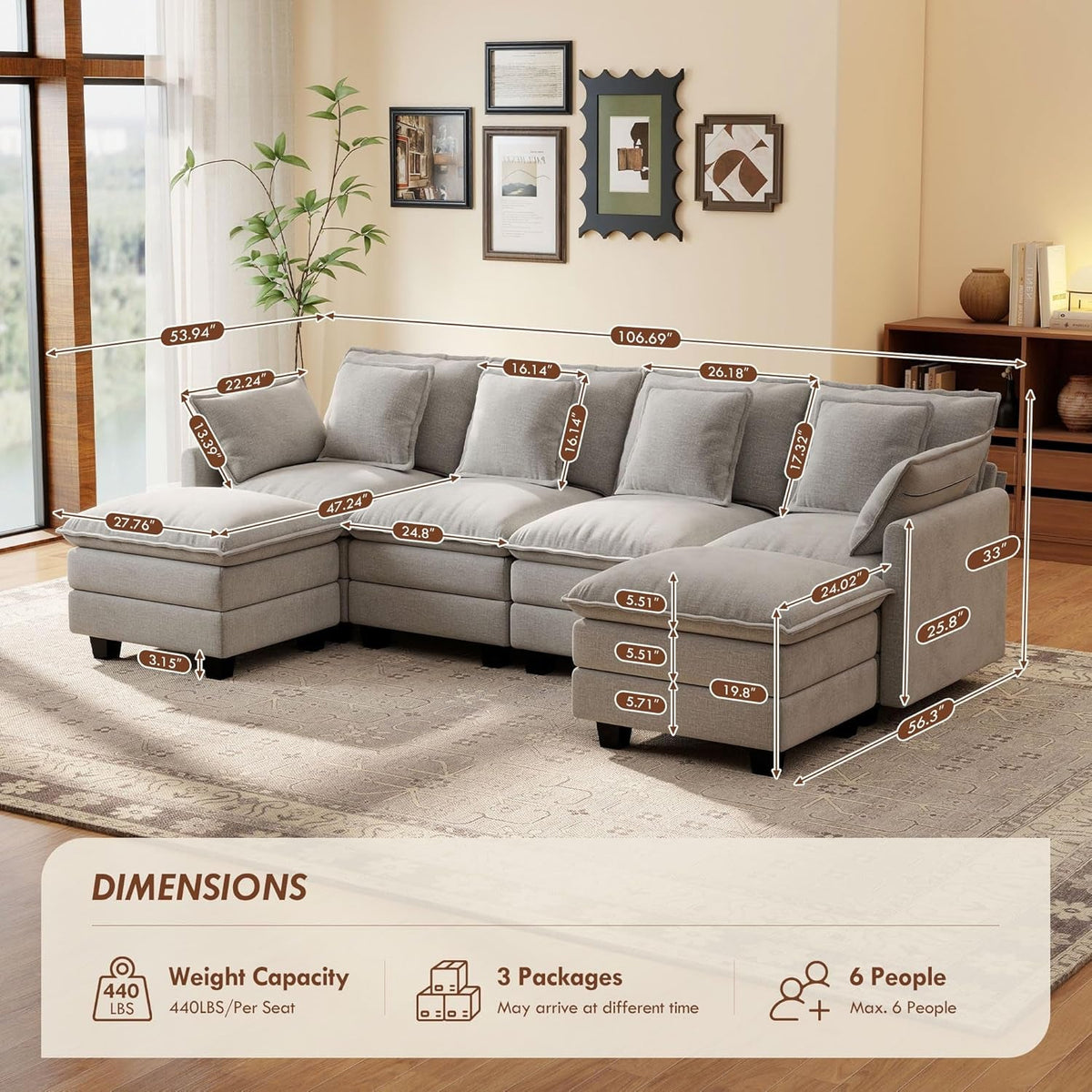 106-Inch U-Shaped Modular Sectional Sofa with Ottoman, Grey Chenille by ShipItFurniture