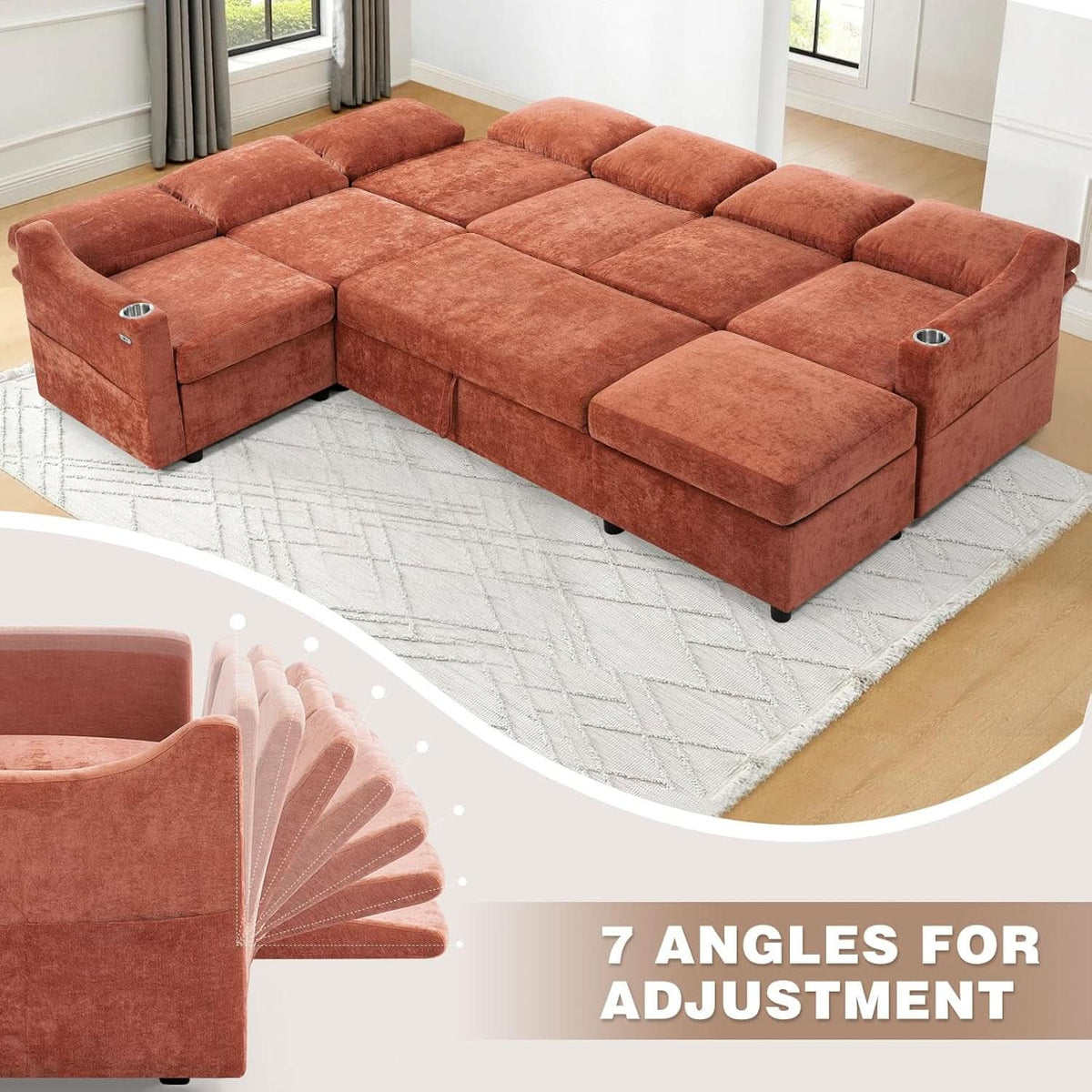 116Inch Orange Chenille Fabric Modular Sleeper Sofa USB by ShipItFurniture