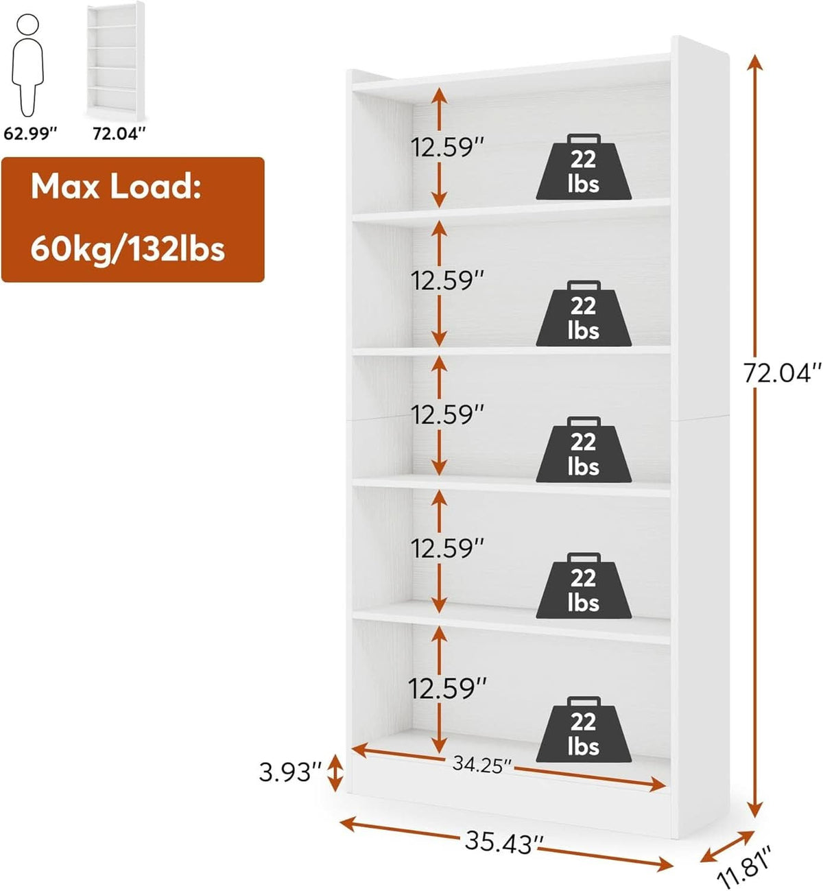 Tall White Six Tier Bookcase 72 Inches Contemporary Wood by ShipItFurniture