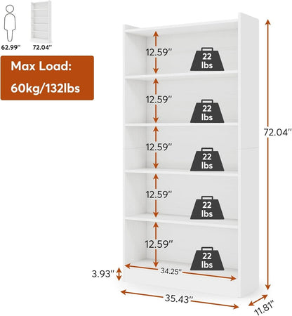 Tall White Six Tier Bookcase 72 Inches Contemporary Wood by ShipItFurniture