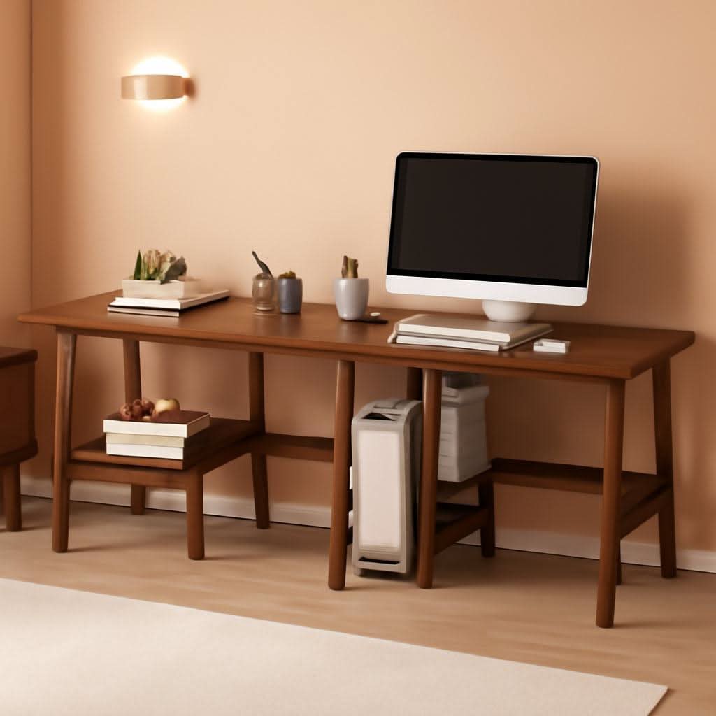 Two Person Desk Walnut 79 Inch Extended Workstation Shelves by ShipItFurniture