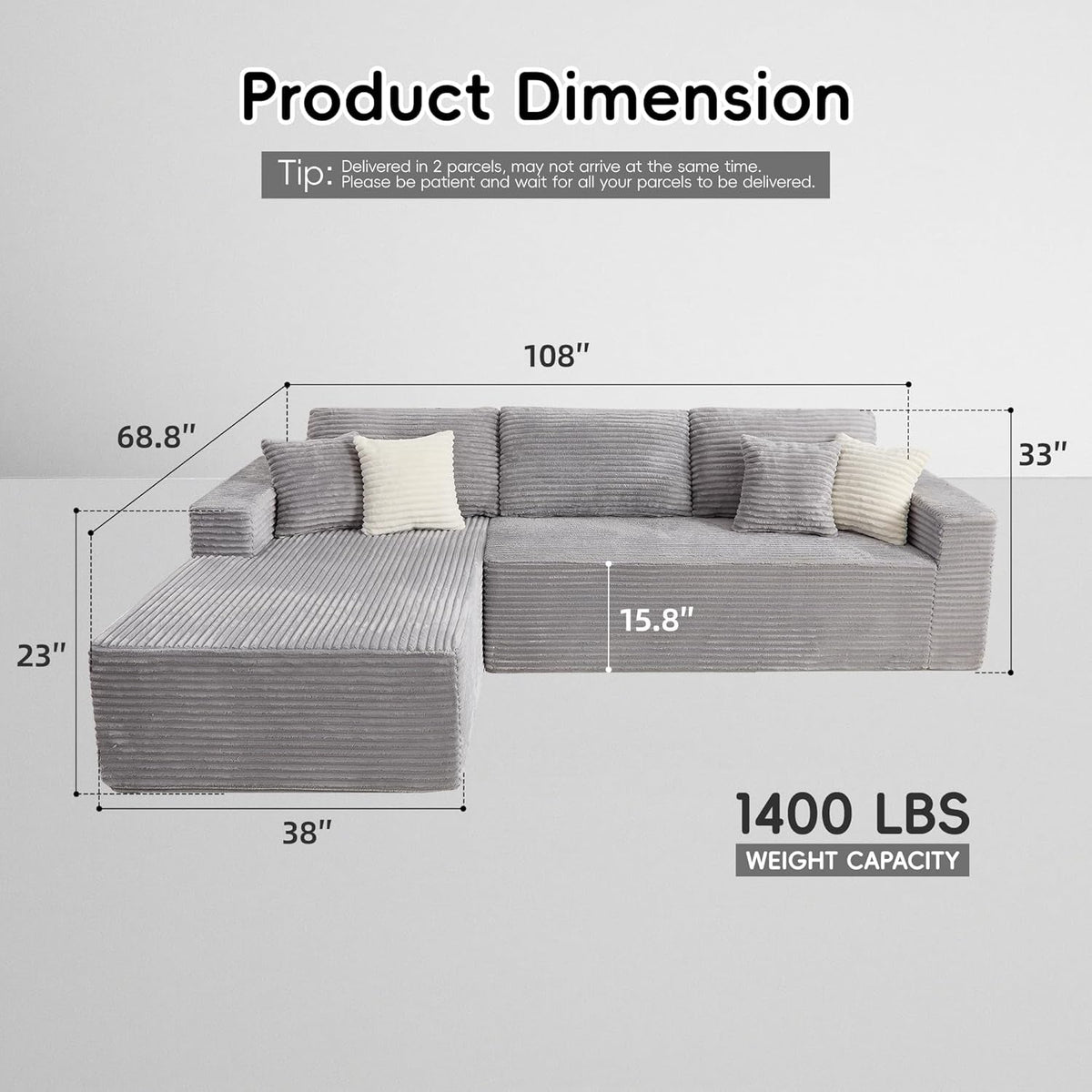108 Inch Grey Upholstered Modular Sectional Chaise by ShipItFurniture