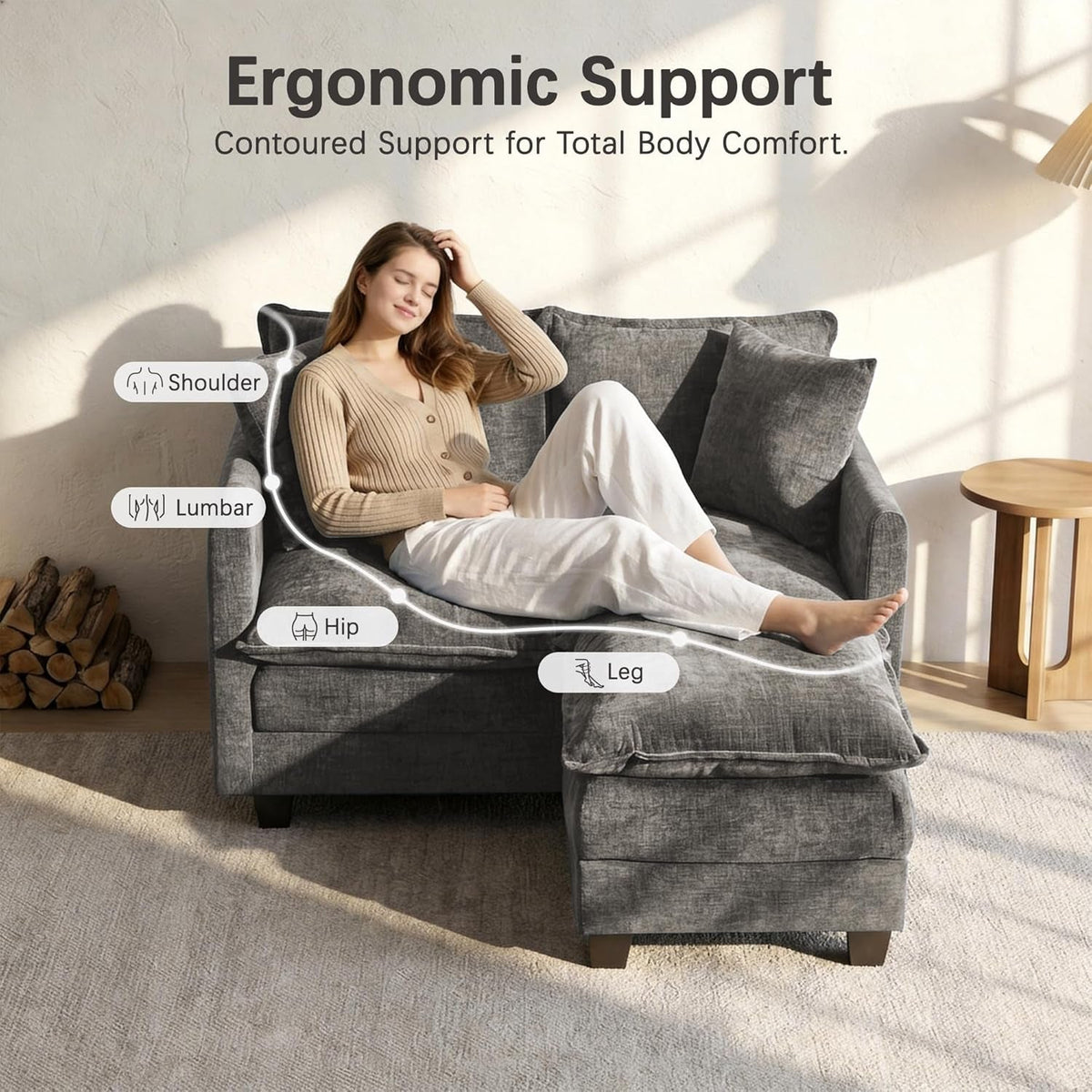 52Inch Compact Loveseat With Ottoman Grey Chenille by ShipItFurniture