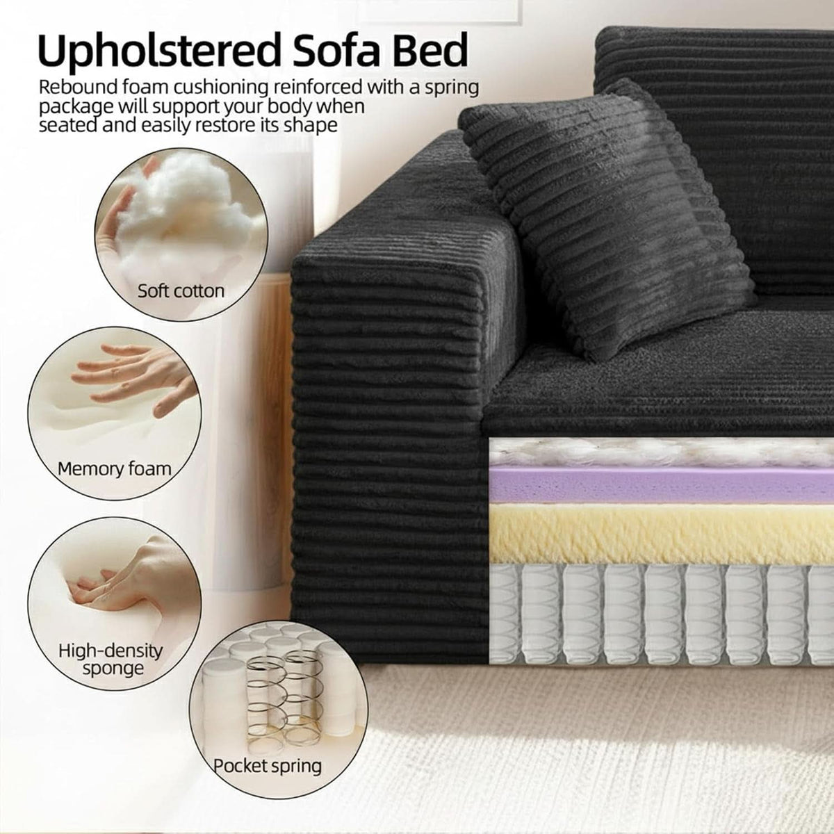 3-Seater Corduroy Sleeper Sofa No Assembly Lounge by ShipItFurniture