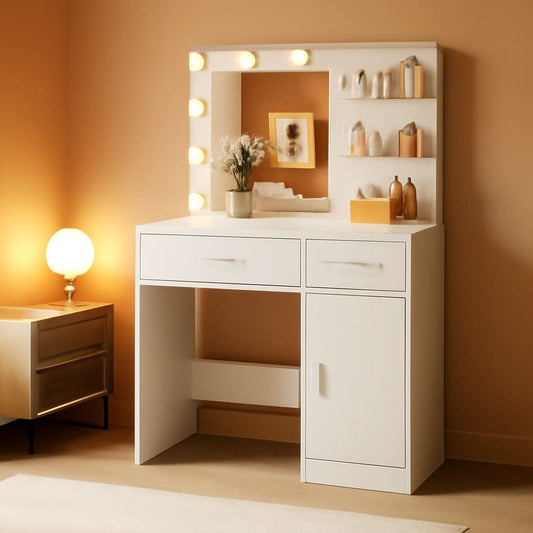 Luxurious White Vanity Desk Featuring Dimmable Mirror by ShipItFurniture