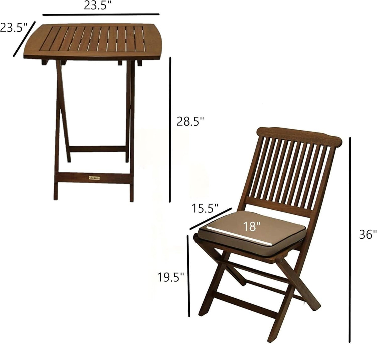 Eucalyptus Wood 3 Piece Foldable Bistro Set Beige Cushions by ShipItFurniture