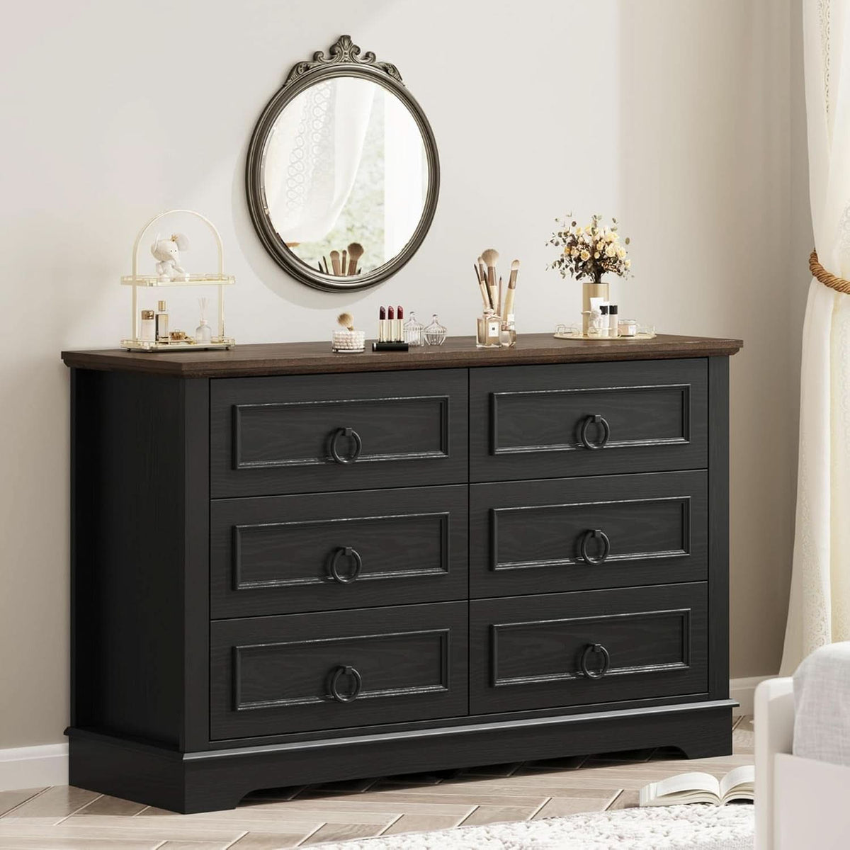 Black FortySevenPointTwoInch Wide Six Drawer Dresser by ShipItFurniture