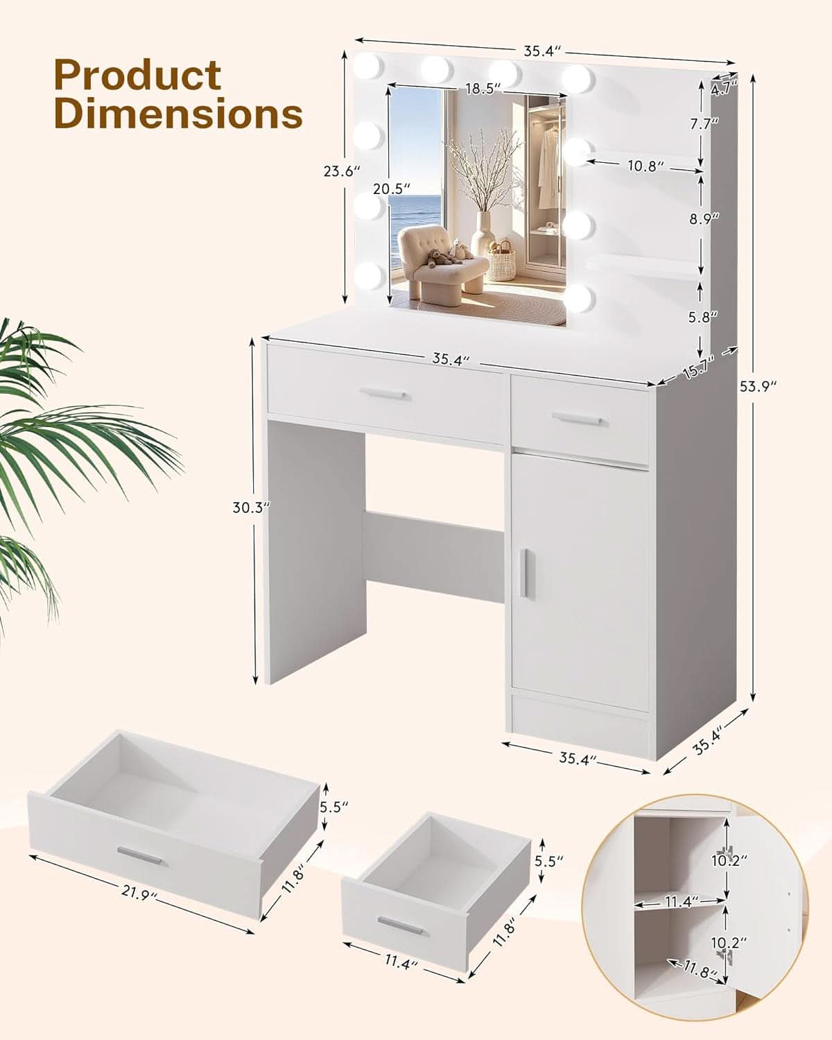 Luxurious White Vanity Desk Featuring Dimmable Mirror by ShipItFurniture