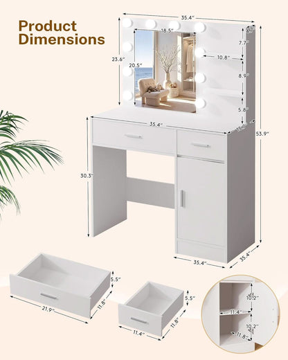 Luxurious White Vanity Desk Featuring Dimmable Mirror by ShipItFurniture