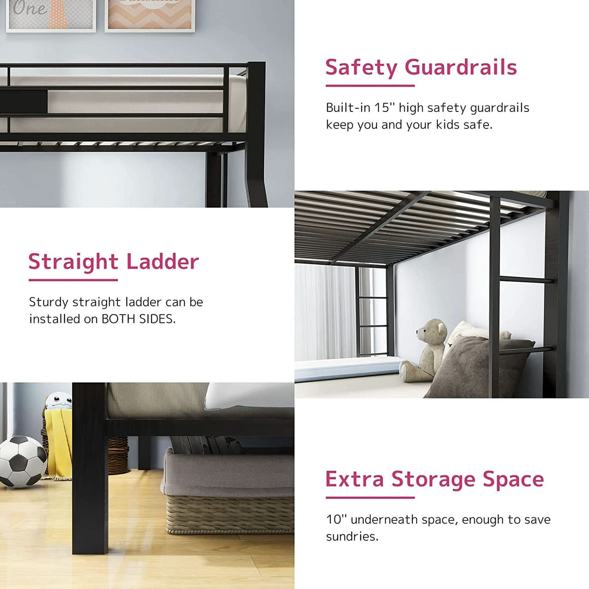 Twin XL Queen Bunk Bed In Sandy Black Finish Metal Slats by ShipItFurniture
