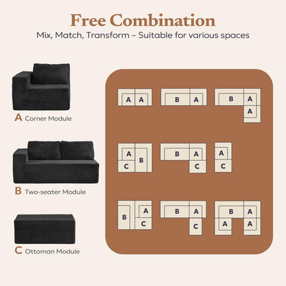 106 Inch Modular Sectional Sofa Black Corduroy Fabric by ShipItFurniture