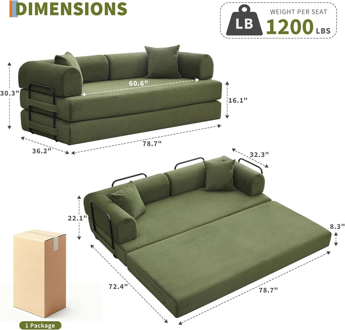 Corduroy Green 79 Inches Inter changeable Plus Sofa Bed by ShipItFurniture