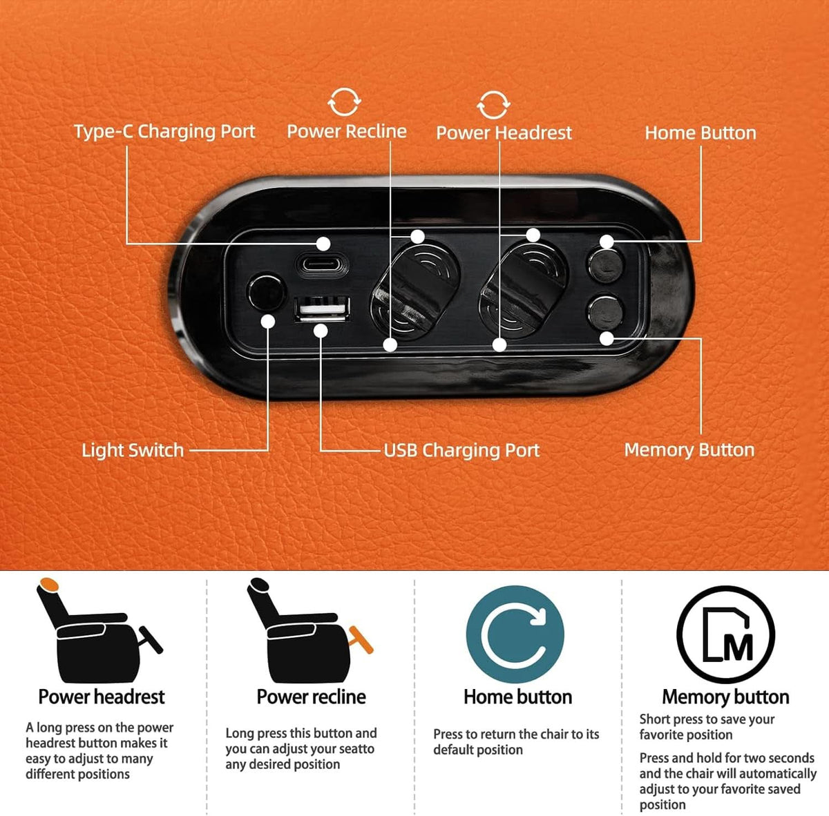 Orange Top Grain Leather Home Theater Seating Row Of Three USB Charger by ShipItFurniture