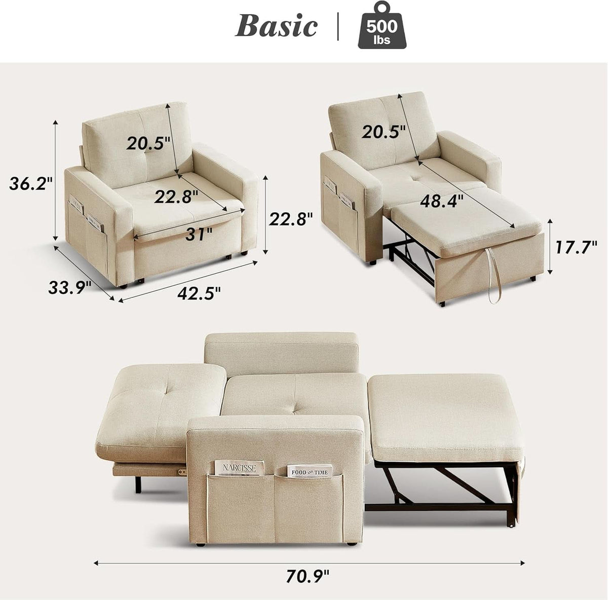 Forty Two Point Five Inch Sleeper Chair Bed Beige Convertible Sofa Bed by ShipItFurniture