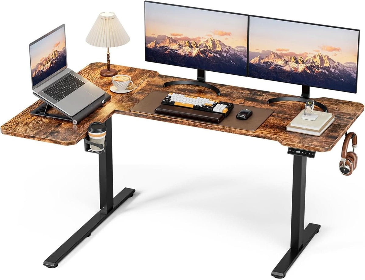 59 Inch Reversible L Shaped Electric Standing Desk Brown by ShipItFurniture