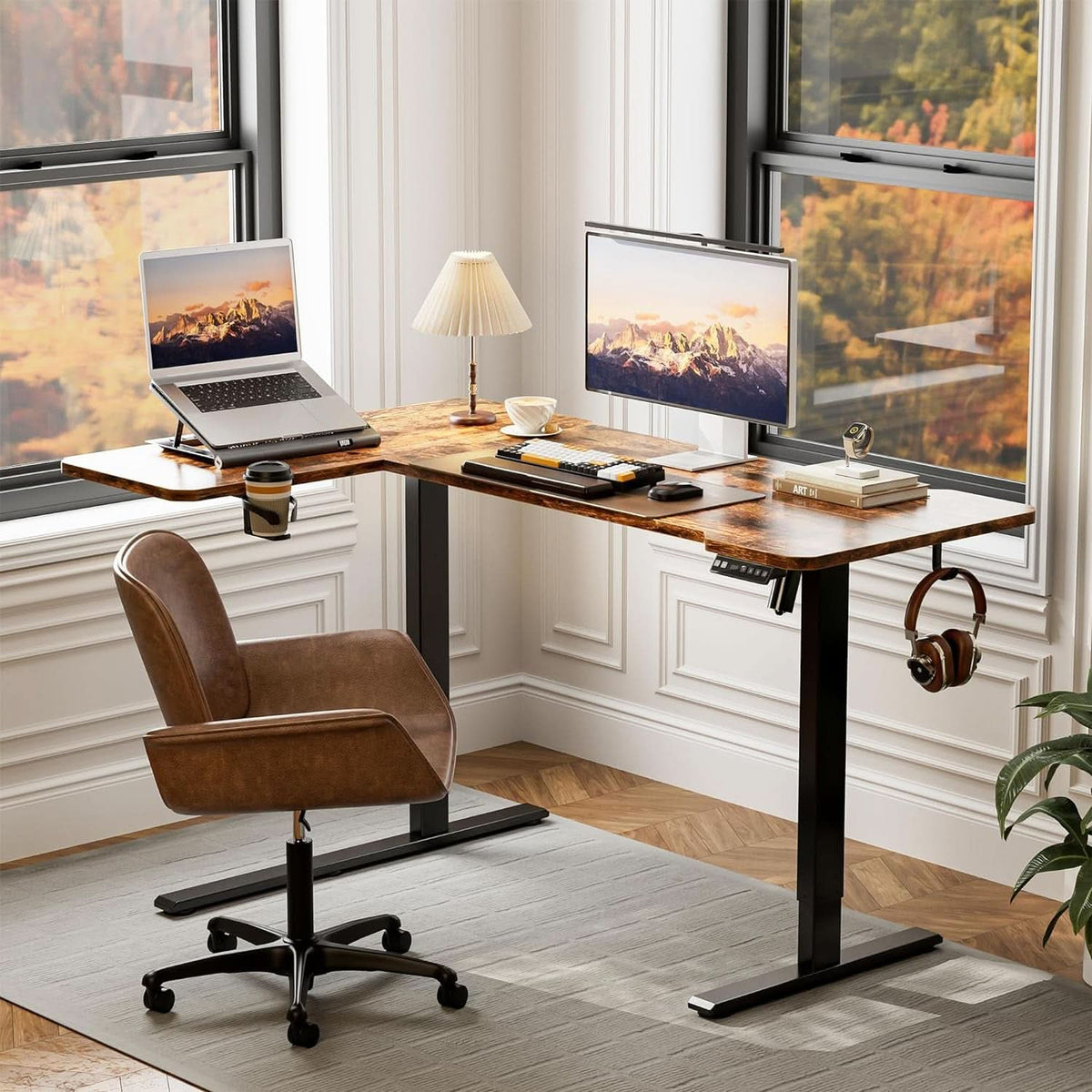 59 Inch Reversible L Shaped Electric Standing Desk Brown by ShipItFurniture